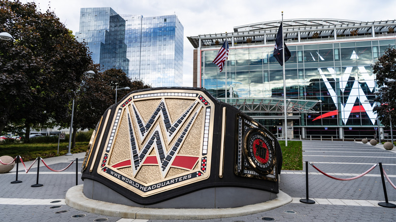 WWE Universal Championship belt sculpture. WWE logo. Main headquarters in US. WWE World Wrestling Entertainment