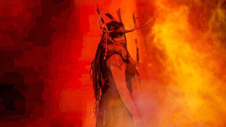 Valhalla, the former Sarah Logan, poses on the stage in her Viking garb on an episode of "WWE Raw."