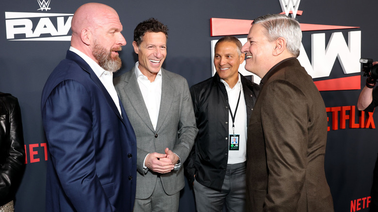 Paul "Triple H" Levesque, Mark Shapiro, Ari Emmanuel, and Netflix Co-Ceo Ted Sarandos, during the "Monday Night RAW" on Netflix debut.