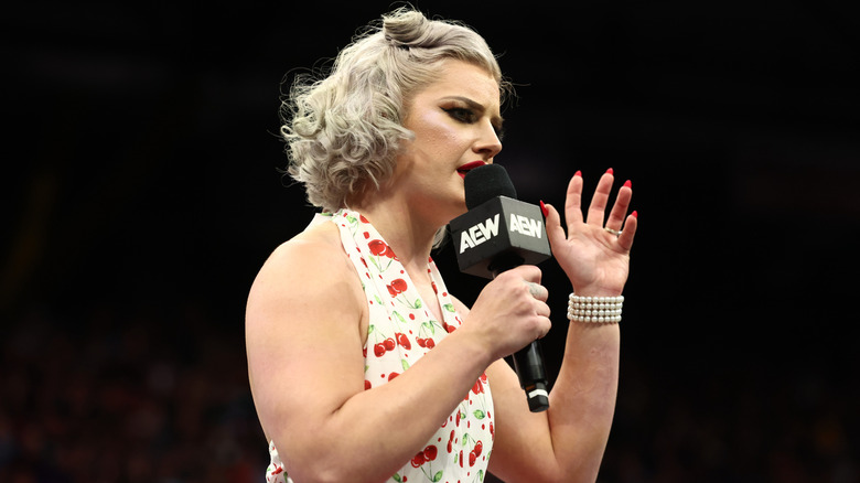 Toni Storm cutting a promo in AEW