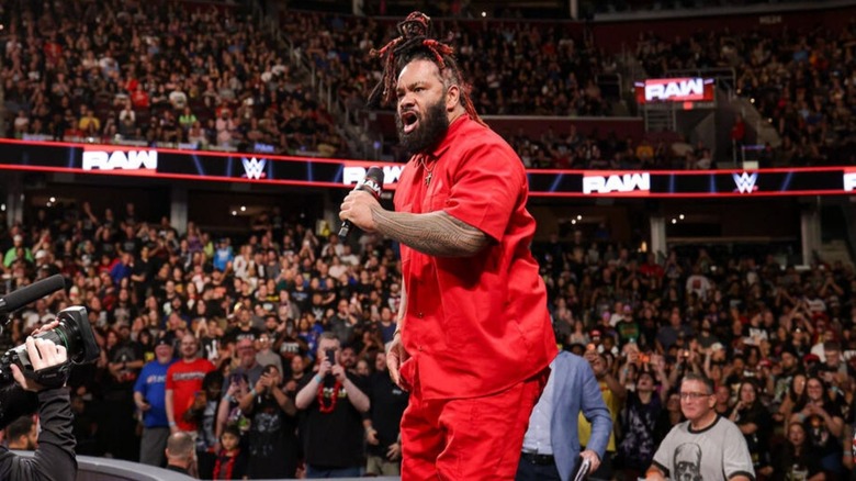 WWE star Jacob Fatu cuts an impassioned promo on top of the commentary desk during the August 31, 2026 edition of 