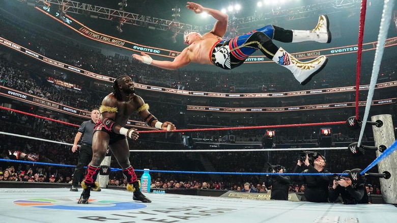 Cody Rhodes looks to hit Oba Femi with the Cody Cutter in the middle of the ring at Saturday Night's Main Event.