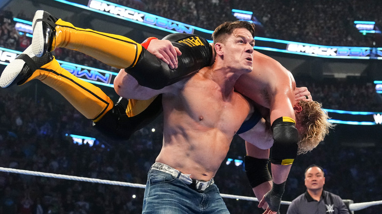 John Cena with an Attitude Adjustment to Logan Paul during SmackDown at Bell Centre on August 8, 2025 in Montreal, Canada.