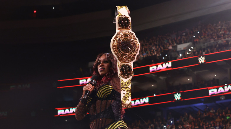 Naomi announces that she is pregnant with her husband Jimmy Uso and prepares to relinquish the Women's World Championship during Monday Night RAW at Xfinity Mobile Arena on August 18, 2025 in Philadelphia, Pennsylvania.