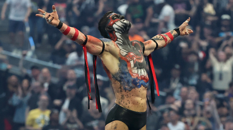 Finn Balor celebrates after defeating Dominik Mysterio during their match during WrestleMania 42