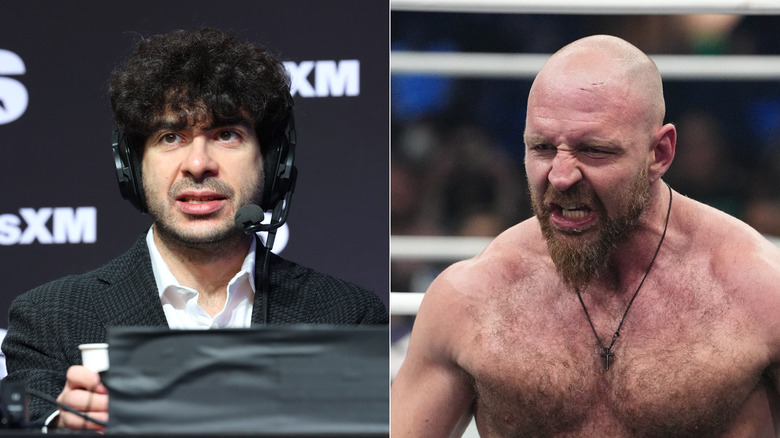 A split image showing AEW president Tony Khan wearing a headset on the left and Jon Moxley shirtless in a wrestling ring on the right.