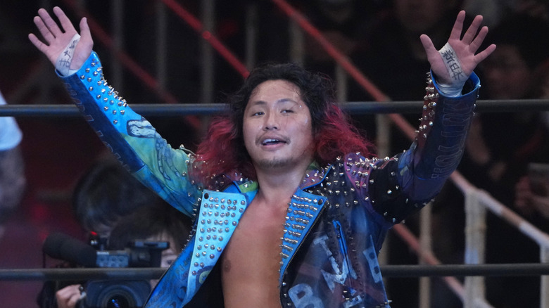 Hiromu Takahashi waves to fans during the New Japan Pro-Wrestling at Edion Arena Osaka on February 11, 2026 in Osaka, Japan.