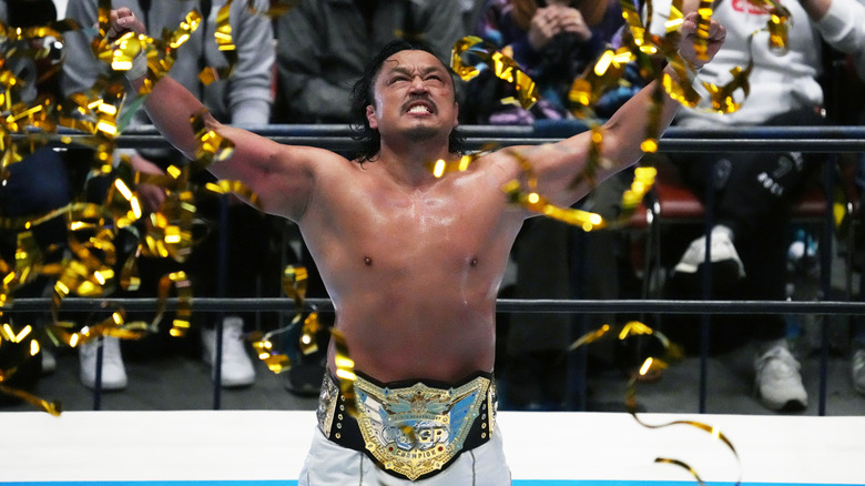 Hirooki Goto celebrates another successful title defense of his IWGP World Championship in Japan.
