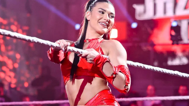 Jazmyn Nyx wearing red ring gear
