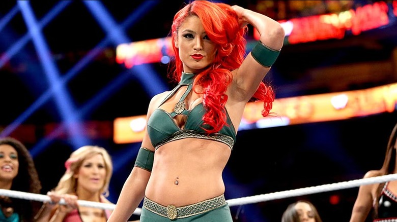 Former WWE star Eva Marie poses in the ring as she introduces herself to the rest of the women's division