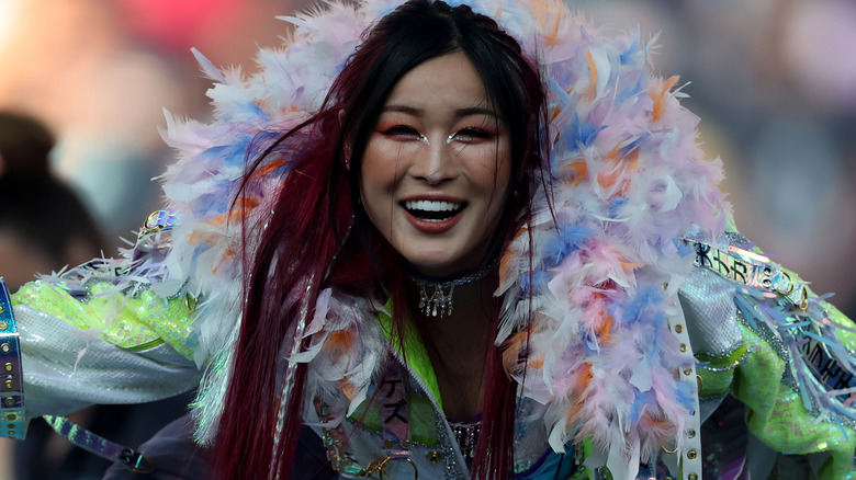 IYO SKY wearing a light blue ring jacket