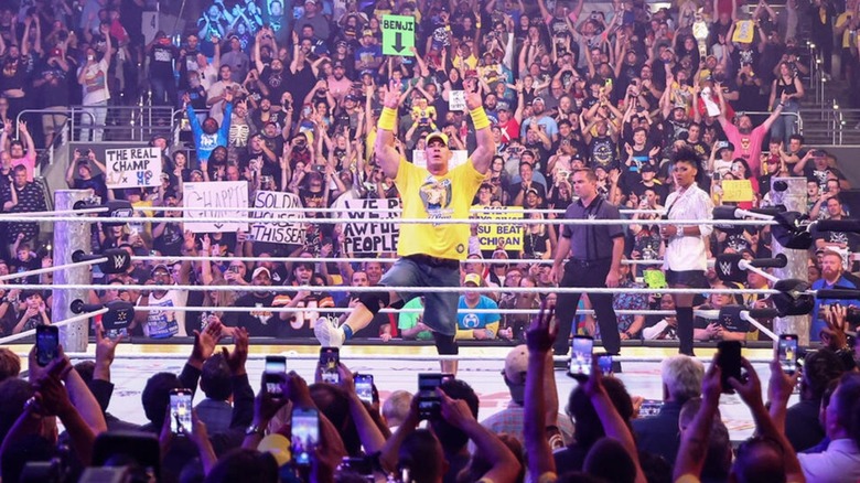 John Cena poses in the ring before taking on Brock Lesnar at Wrestlepalooza.