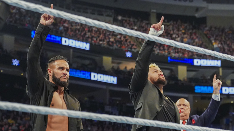 PITTSBURGH, PENNSYLVANIA- APRIL 19: Tama Tonga, Solo Sikoa and Paul Heyman in the ring during SmackDown at PPG Paints Arena on April 19, 2024 in Pittsburgh, Pennsylvania. (Photo by WWE/Getty Images)