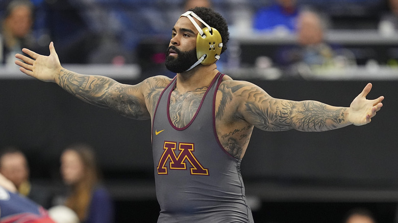 Gable Steveson of the Minnesota Golden Gophers reacts during the 2025 NCAA Division I Men's Wrestling Championship
