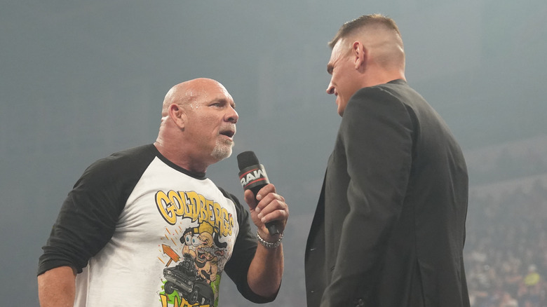 Goldberg confronts Gunther during Monday Night RAW at Resch Center on June 16, 2025 in Green Bay, Wisconsin.