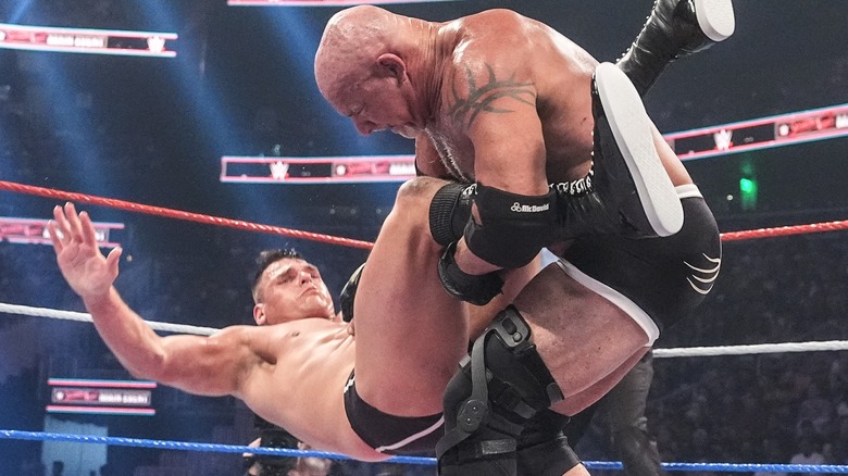 Goldberg taking Gunther down during their World Heavyweight title match on "Saturday Night's Main Event."