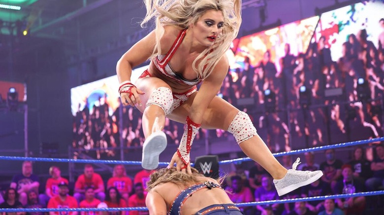 Tiffany Stratton leaping over Fallon Henley during the Women's Breakout Tournament Semifinals, May, 2022.