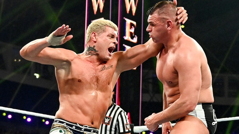 Cody Rhodes chopping GUNTHER during their match at 2024's Crown Jewel Premium Live Event.