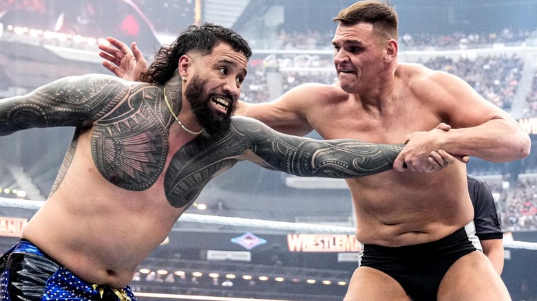 Jey Uso and Gunther mid-Irish Whip during their WrestleMania 41 match.