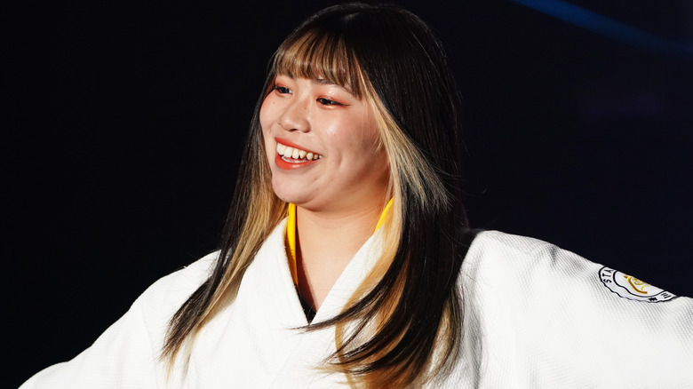 STARDOM wrestler Hanan smiling while wearing a Judogi