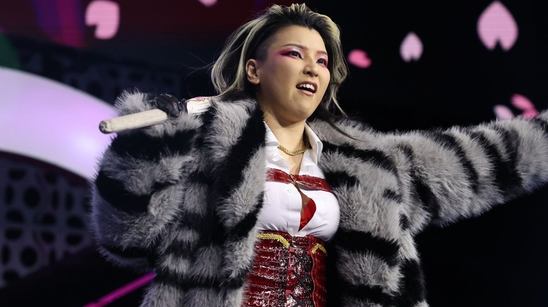 Hikaru Shida wearing a fur coat