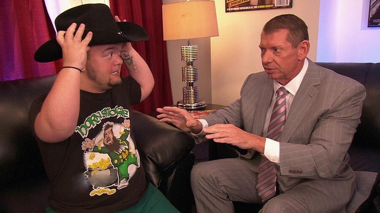 Hornswoggle and Vince McMahon during a backstage segment.