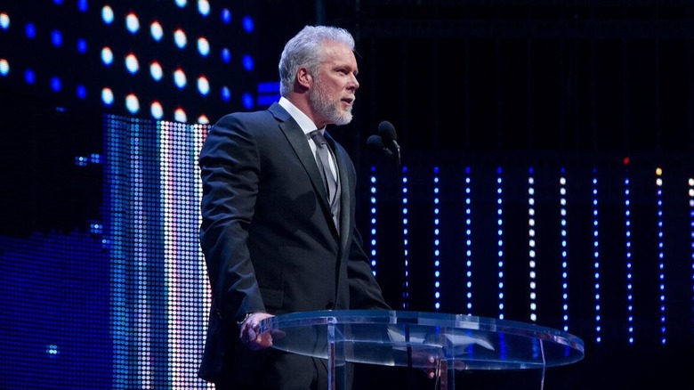 Kevin Nash makes a speech after his induction into the WWE Hall of Fame