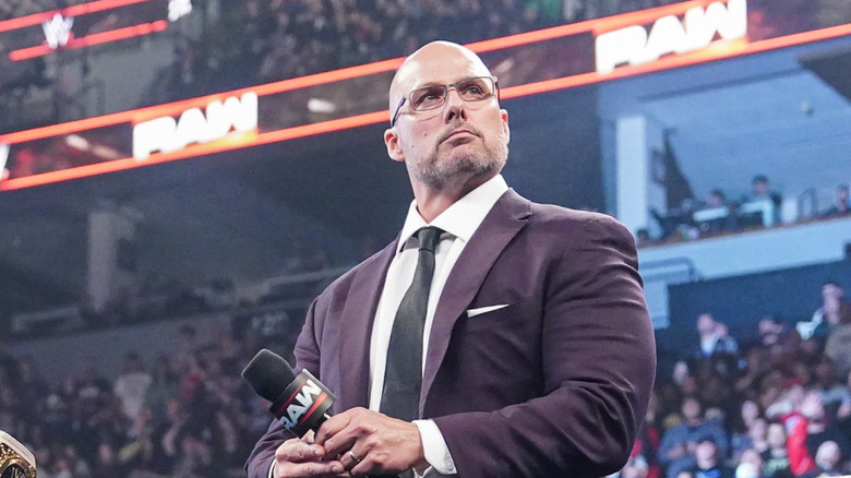 Adam Pearce in the ring waiting for his contract signing to begin during Monday Night RAW at Target Center on April 7, 2025 in Minneapolis, Minnesota.