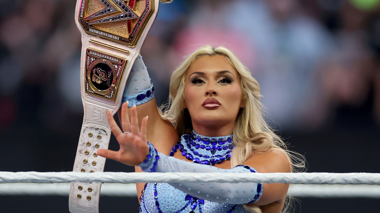 Tiffany Stratton makes her entrance before her match against Jade Cargill during the WWE 2025 SummerSlam at MetLife Stadium on August 02, 2025 in East Rutherford, New Jersey.