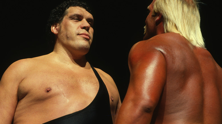 Andre the Giant staring at Hulk Hogan