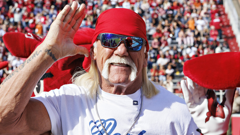 Hulk Hogan is introduced during the Texas Longhorns versus the Arkansas Razorbacks at Donald W. Reynolds Razorback Stadium on November 16, 2024 in Fayetteville, Arkansas. The Longhorns defeated the Razorbacks 20-10.