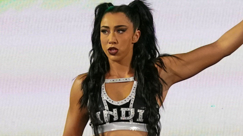Indi Hartwell wearing black and silver ring gear
