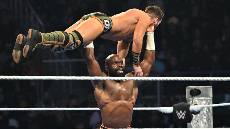 Apollo Crews stacks Johnny Gargano high above his head during their match in January on "WWE SmackDown"