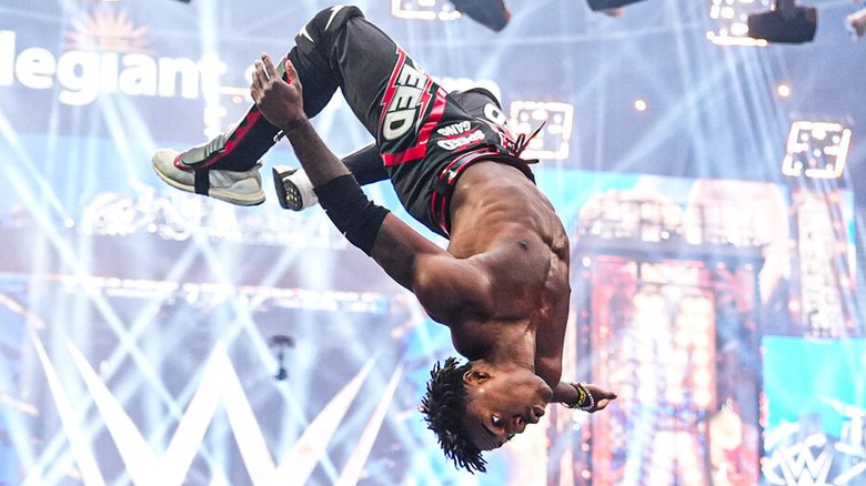IShowSpeed mid-flip during his match at WrestleMania 42.