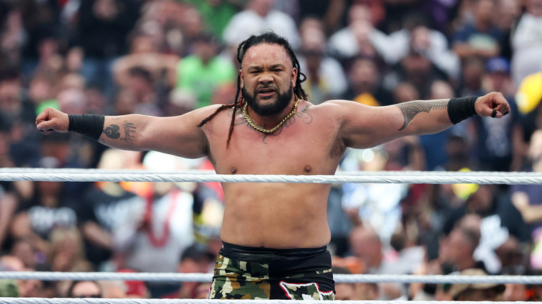 Jacob Fatu celebrates after defeating Drew McIntyre in their unsanctioned match during WrestleMania 42 at Allegiant Stadium on April 18, 2026 in Las Vegas, Nevada.