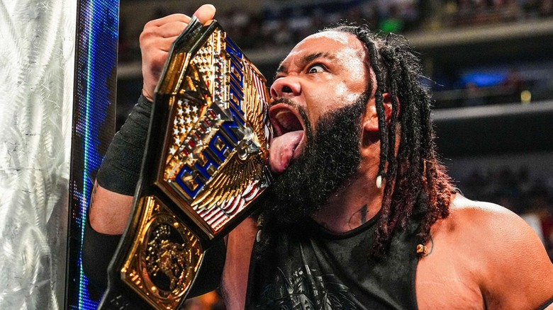 Jacob Fatu with the WWE United States Championship during his reign with the title.