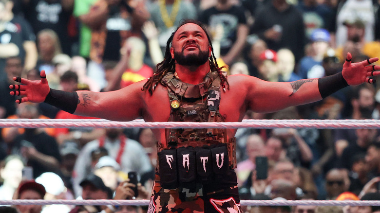Jacob Fatu is introduced before his unsanctioned match against Drew McIntyre during WrestleMania 42 at Allegiant Stadium on April 18, 2026 in Las Vegas, Nevada.