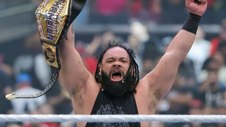 Jacob Fatu celebrates his victory over LA Knight to win the United States Championship during WrestleMania 41 at Allegiant Stadium on April 19, 2025 in Las Vegas, Nevada.