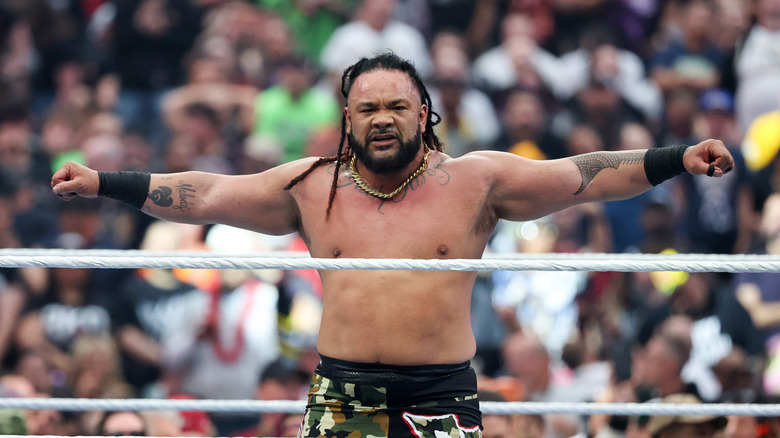 Jacob Fatu celebrates after defeating Drew McIntyre in their unsanctioned match during WrestleMania 42 at Allegiant Stadium on April 18, 2026 in Las Vegas, Nevada.