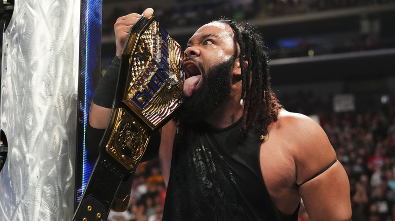 Jacob Fatu poses with title during Friday night Smackdown at Wells Fargo Arena on May 2, 2025 in Des Moines, Iowa.