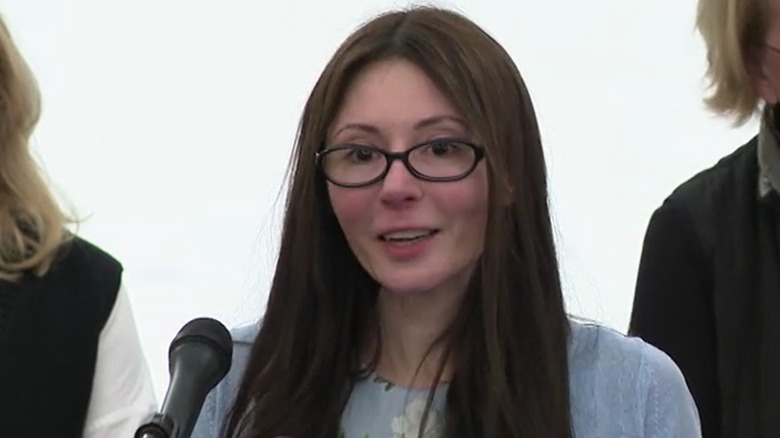 Janel Grant speaks at a Connecticut Alliance to End Sexual Violence briefing