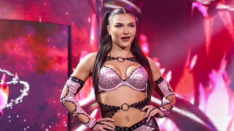 Jazmyn Nyx poses at the top of the ramp before her scheduled match on "WWE NXT" Level Up