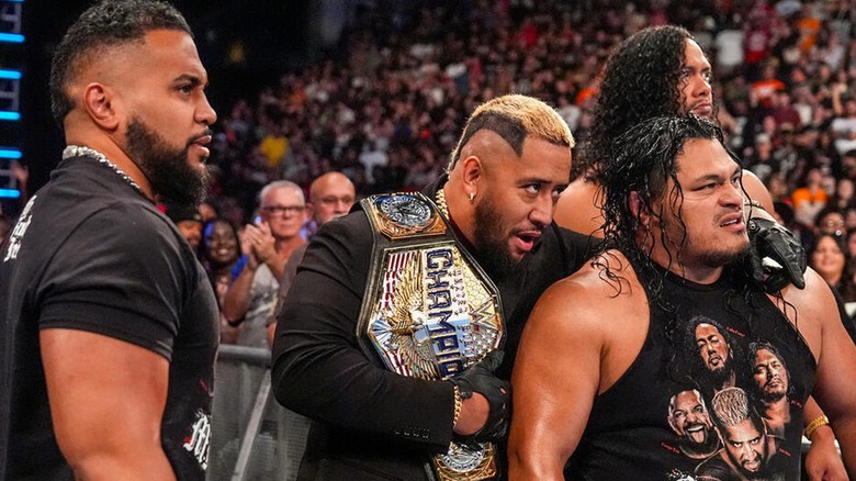 Tonga Loa, Solo Sikoa, Jeff Cobb, and Talla Tonga during a WWE segment.