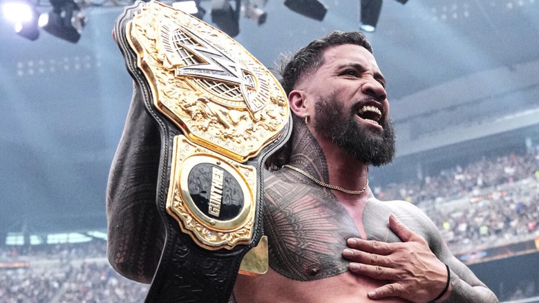 Jey Uso with the WWE World Heavyweight Championship after defeating GUNTHER at WrestleMania 41