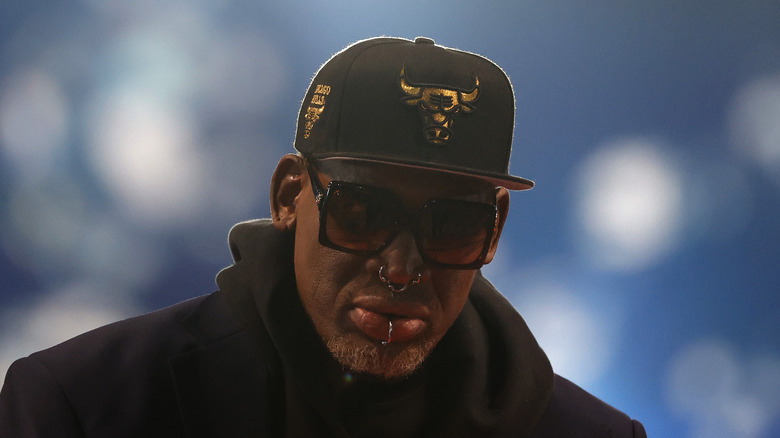 Dennis Rodman wearing a Chicago Bulls cap