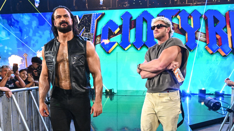 Drew McIntyre and Logan Paul make their entrance during SmackDown at Prudential Center on August 1, 2025 in Newark, New Jersey.
