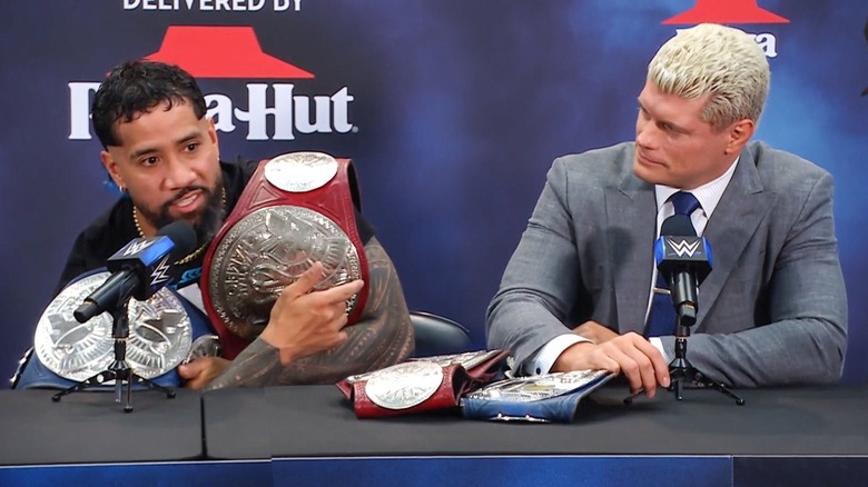 Jey Uso and Cody Rhodes at the 2023 WWE Fastlane press conference