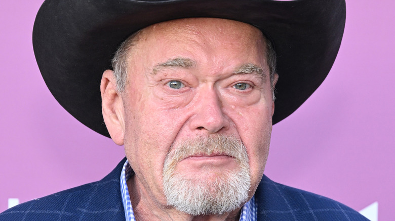 Jim Ross in front of a purple-pink background