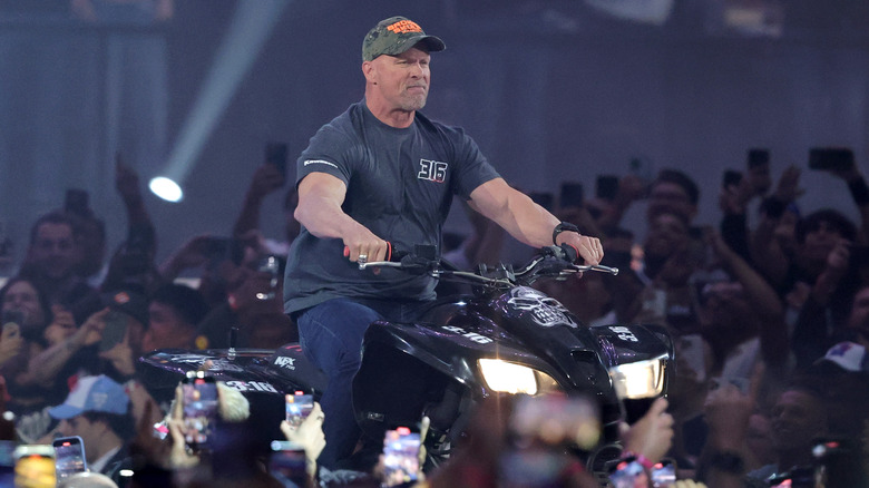 Stone Cold Steve Austin rides an all-terrain vehicle to the ring during WrestleMania 41 at Allegiant Stadium on April 20, 2025 in Las Vegas, Nevada