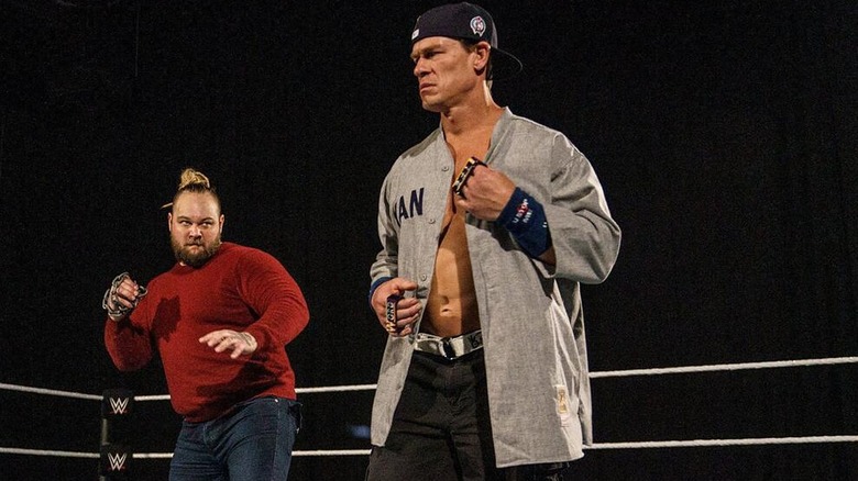 John Cena during his Firefly Fun House cinematic match against Bray Wyatt at WrestleMania 36.